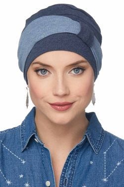 Woman in blue denim turban set for women with matching headband for cancer patients