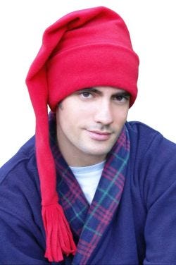 Man in red fleece old fashioned sleeping cap with long tail for men