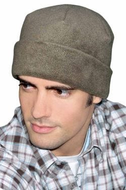 Man in olive colored warm fleece beanie style sleeping cap for chemo or bald men