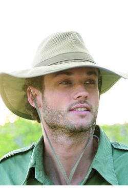 Cool guy outdoors in fedora style safari hiking hat with air ventilation
