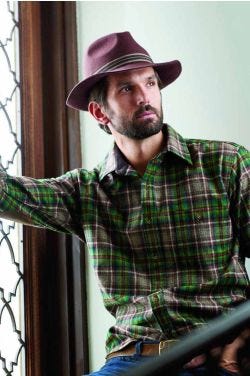 Cool man in brown wool felt fedora hat with ribbon band and brim