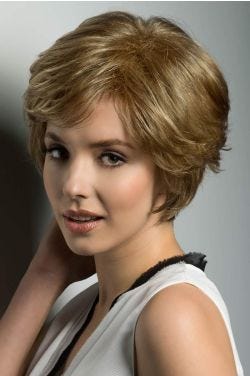 Woman in a short dark blonde lace front wiglet with side bangs