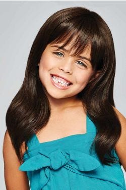 Little girl in an extra long brown wavy children's wig with bangs
