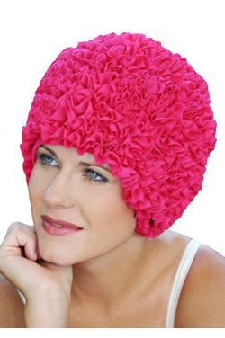 Woman in pink ruffled fabric old fashioned swim cap for women
