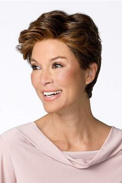 Woman in a long dark auburn lace front pixie wig with long hair on top