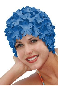 old fashioned flower bathing cap in royal blue