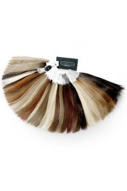 A metal ring containing hair swatches from the Raquel Welch human hair collection