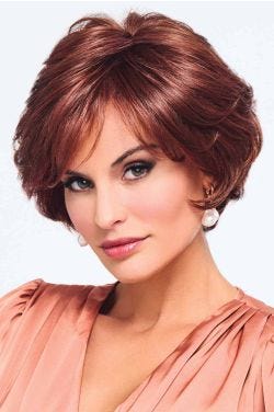 Woman in a chin length dark auburn layered lace front bob wig with side bangs