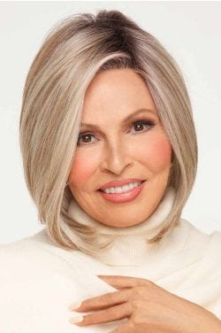Raquel Welch in a past the chin light blonde lace front blunt bob wig