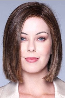 Woman in a shoulder length dark brown lace front blunt bob wig
