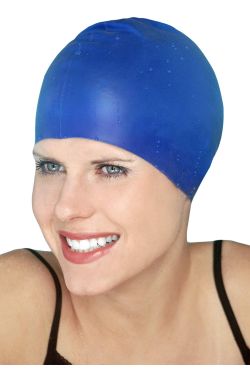 Woman in blue silicone swimming cap
