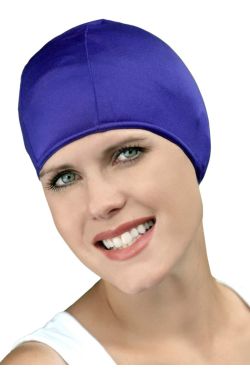 Woman in purple lycra fabric swimming cap