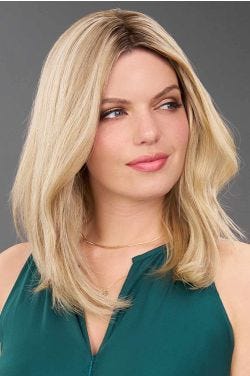 Woman in a 12" light blonde human hair topper wiglet for thinning hair