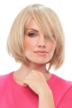 Woman in an 8" light blonde layered wiglet hair topper