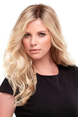 Woman weaving a wavy 18" light blonde wiglet hair topper