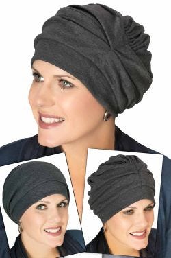 Women in grey head covering turban for cancer patients showing 3 ways to wear it