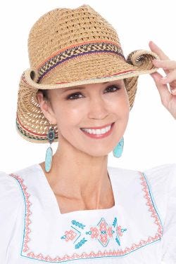 Woman in cute colorful straw western style cowboy hat