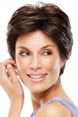 Woman in a dark auburn long layered lace front pixie wig