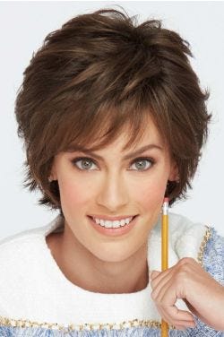 Raquel Welch in a tousled medium auburn pixie wig with fringe bangs