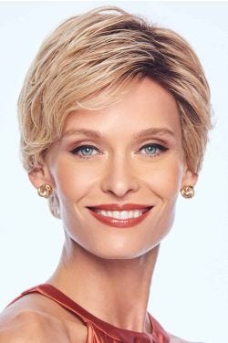 Short pixie wig with feathered layers and side-swept bangs