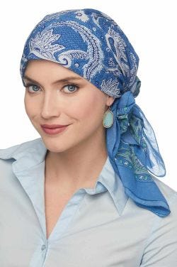 Woman in blue cotton floral square head scarf for women