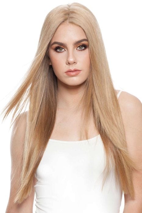 Woman in a 16" to 18" warm blonde human hair topper for thinning hair