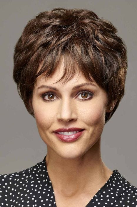 Woman in a full dark auburn lace front pixie wig