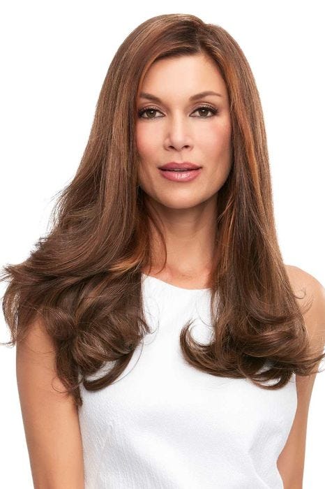 Woman in an 18" medium auburn human hair topper for thinning hair