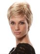 Woman in short blonde pixie wig with bangs and layers