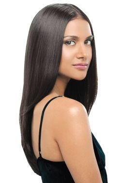 woman in 22" brownish black hair straight hair extensions attached to her biological hair