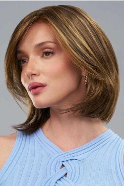 Woman in a shoulder length straight dark auburn lace front wig