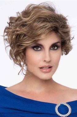 Woman in an asymmetric chin length light brown curly lace front wig
