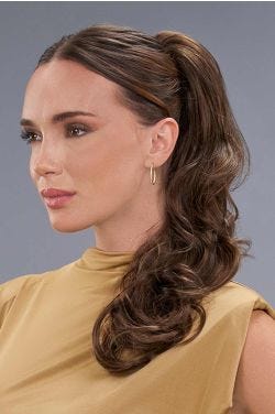 Woman in a dark brown layered 20" curly clip on ponytail