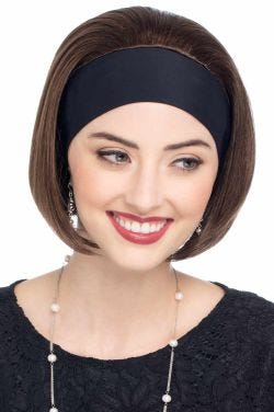 Woman in brown straight bob wig with headband attached