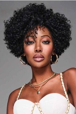 Afro American woman in a short curly black lace front layered wig