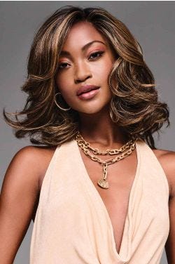 Afro American woman in a shoulder length dark brown layered lace front curly wig