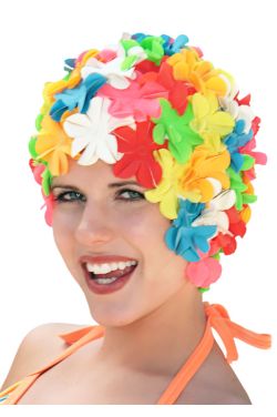 Woman in old fashioned multi colored rubber swim cap with flowers all over it