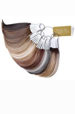 A metal ring containing color swatches from the Raquel Welch Tru2Life Heat Friendly collection