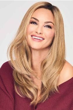 Woman in a 16" dark blonde hair topper for thinning hair