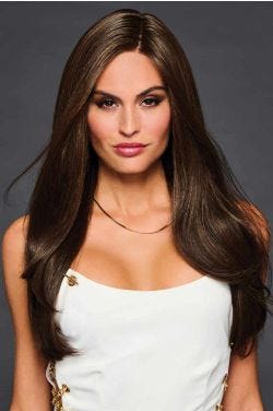 Woman in an extra long dark brown straight lace front wig