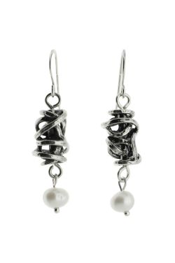 Sterling Silver Earrings | Abstract Wrap with Drop Pearl