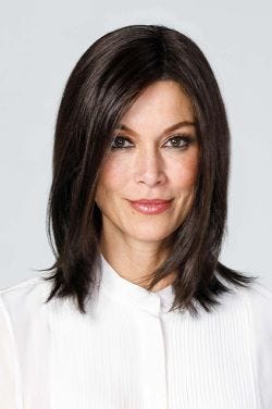 Woman in a 12" straight dark brown lace front wiglet hair topper for thinning hair