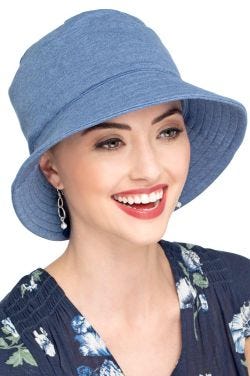 Woman wearing light blue bucket hat with UPF protection