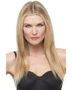 woman in 16" warm blonde straight hair extensions attached to her biological hair