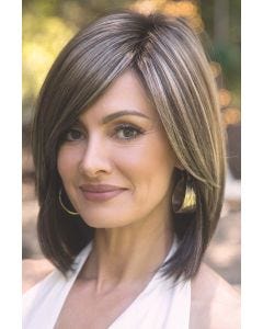 Woman in a shoulder length straight dark brown lace front wig with side bangs