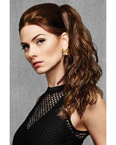 Woman in an 18" dark auburn curly ponytail claw clip