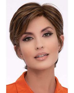 Woman in a long dark brown human hair/synthetic pixie wig