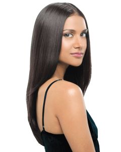woman in 22" brownish black hair straight hair extensions attached to her biological hair