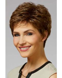 Woman in a classic medium brown pixie wig