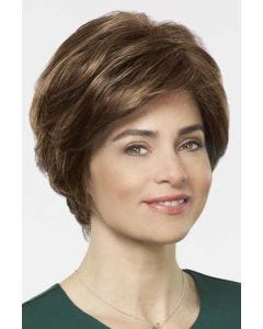 Woman in a straight heavily layered medium brown bob wig